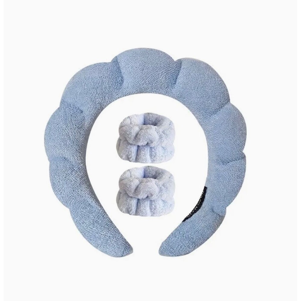 Blue Puffy Spa Headband & Wrist Wash Band Set Terry Cloth Skincare Makeup NEW